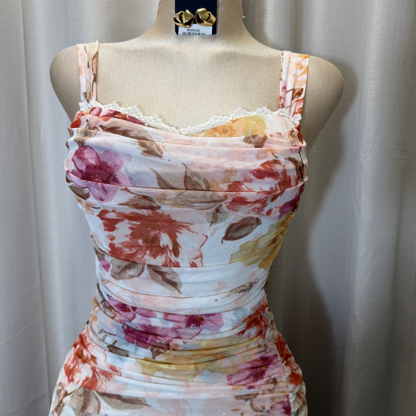 Mesh Flower Print Midi Dress-Pink/Cream/Multi