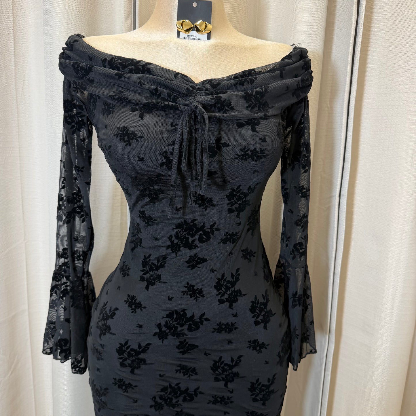 Flocked Long Sleeve Mesh off shoulder maxi Dress-Black/Black