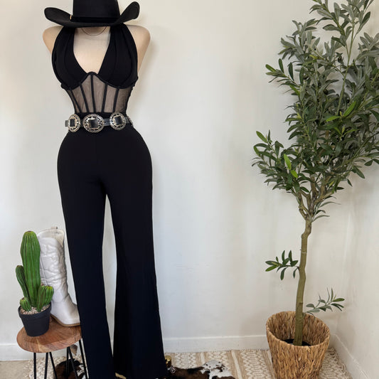 Pleated Bust Halter Neck Jumpsuit-Black