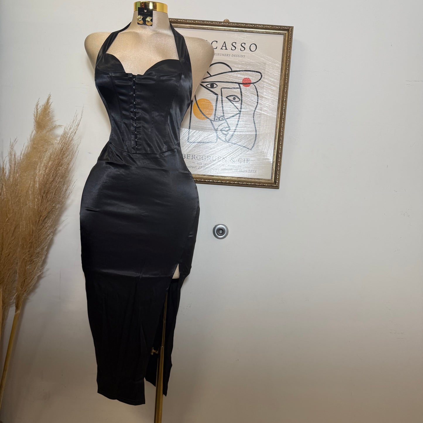 Corset Halter Satin Dress-Black