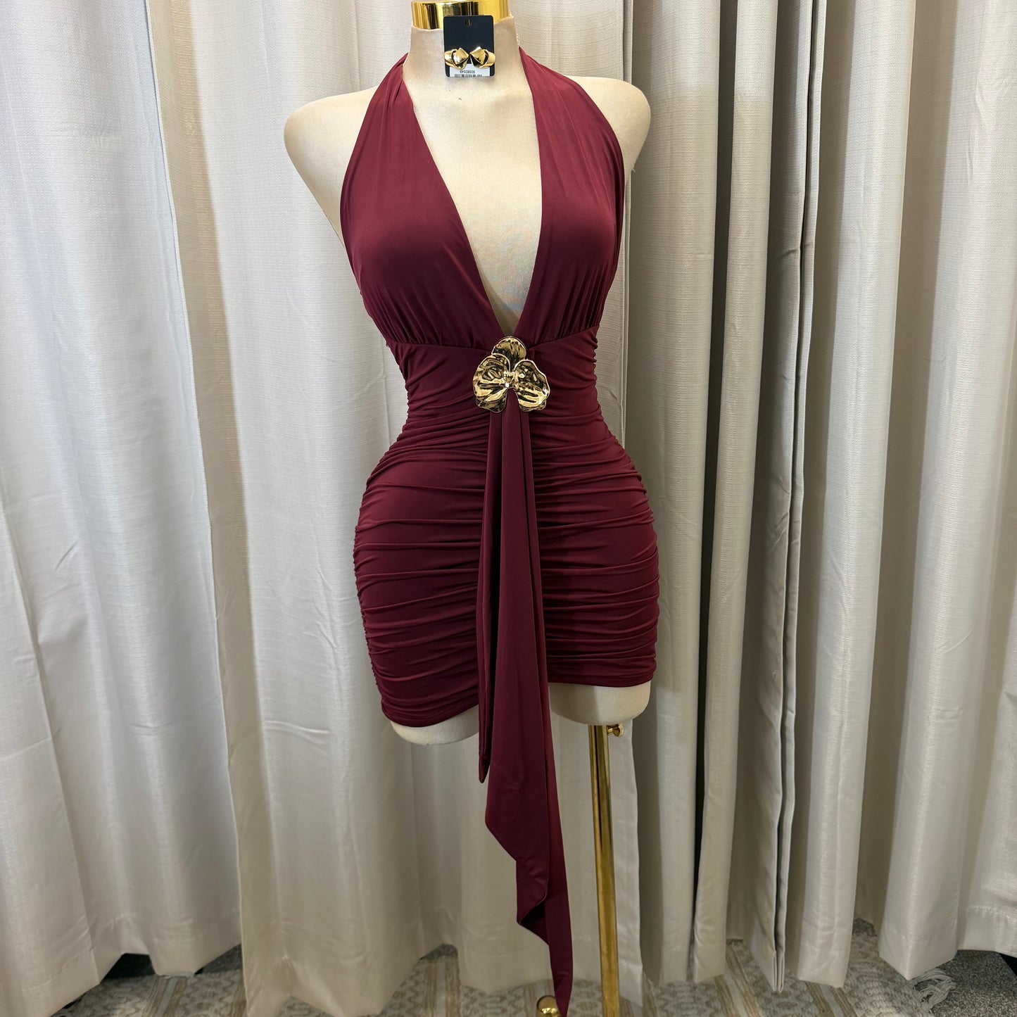 Orchid Halter Ruched front panel Mini Dress-Burgundy