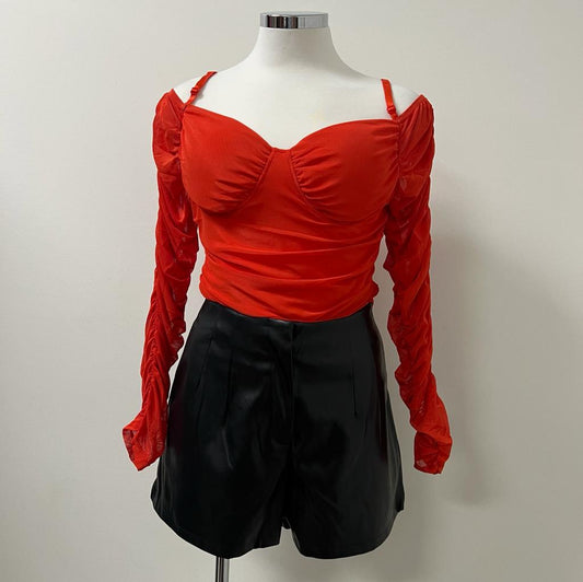 Sol Off Shoulder Sheer Mesh Ruched Top- Red