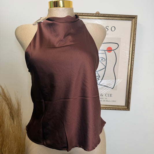 Halter Neck Satin Blouse-Brown