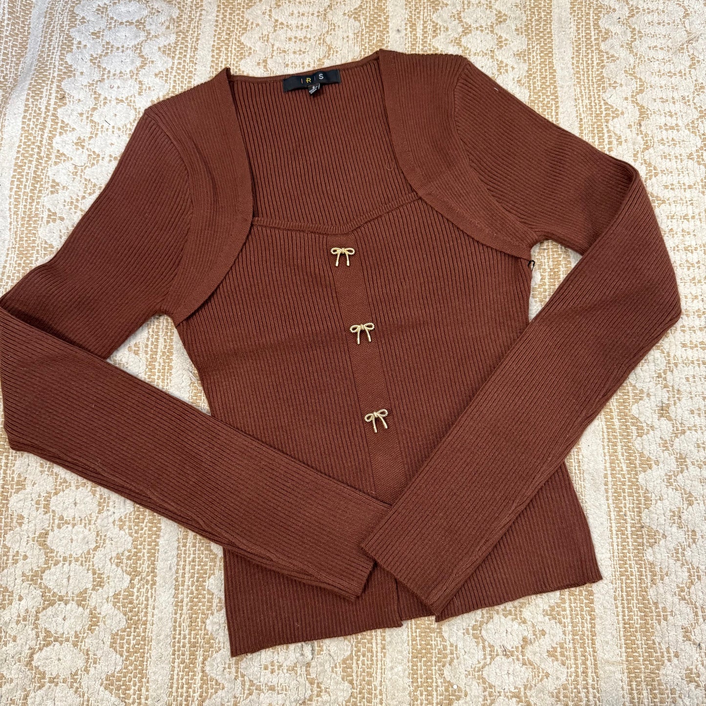 Square Neck Ribbon Trim Sweater Top-Brown