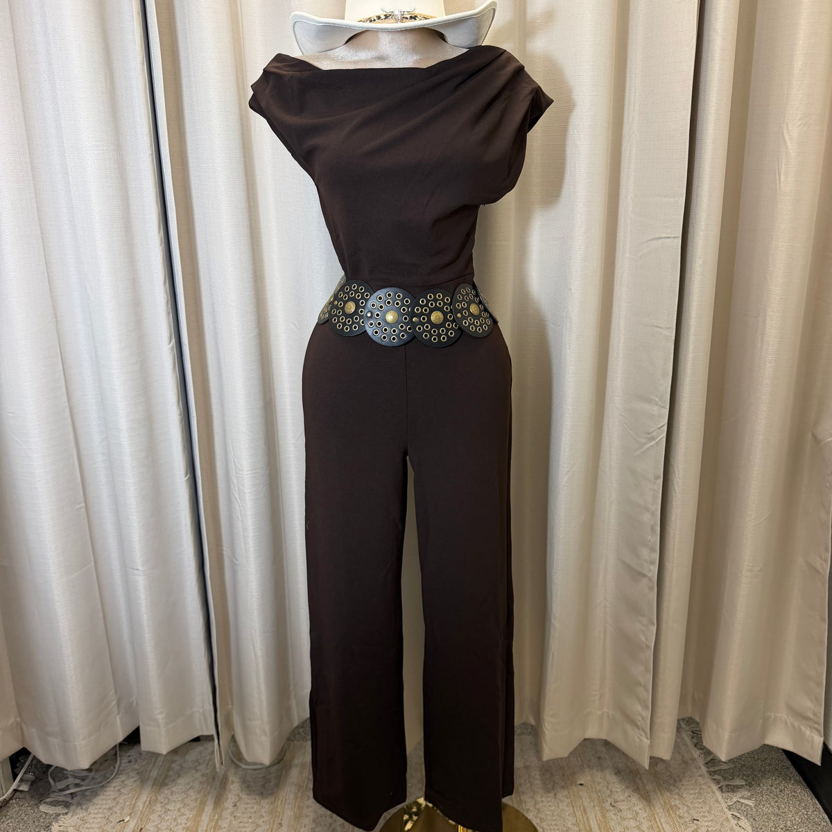 One shoulder Jumpsuit-dark Brown