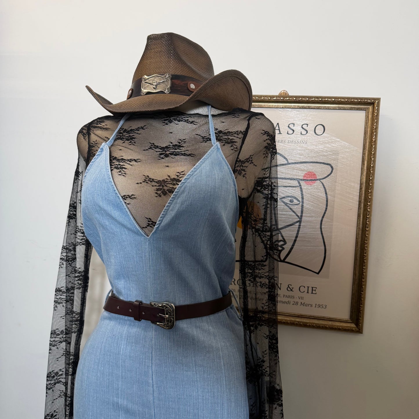 Denim Jumpsuit With Belt-Light Blue