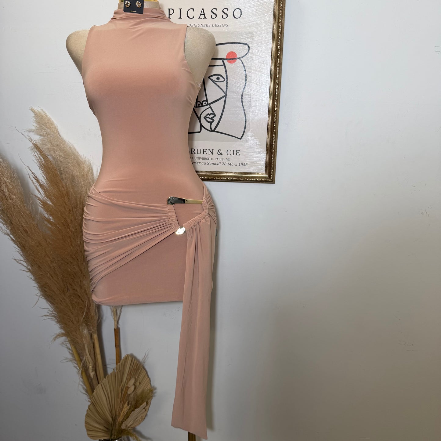 Mock Neck Front Sash With Trim Detail Mini Dress-Nude