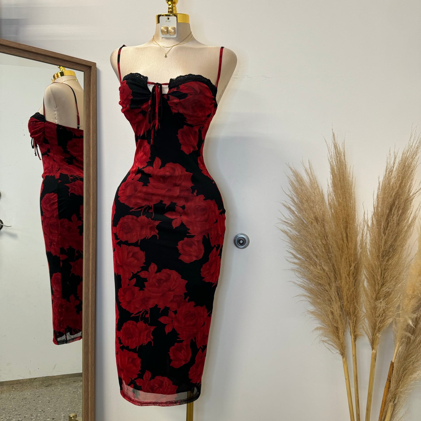 Rose Mesh Spaghetti Dress-Black/Red