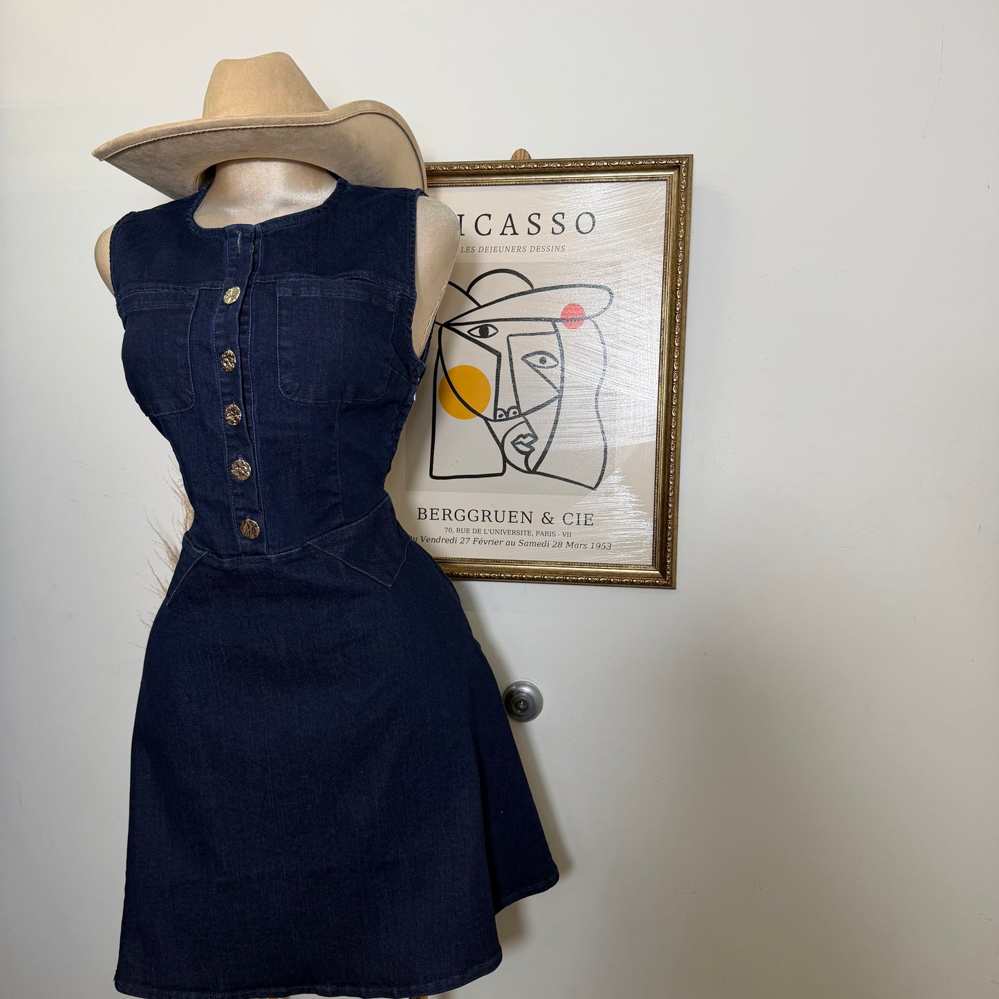 Round Neck Midi Denim Dress-Indigo