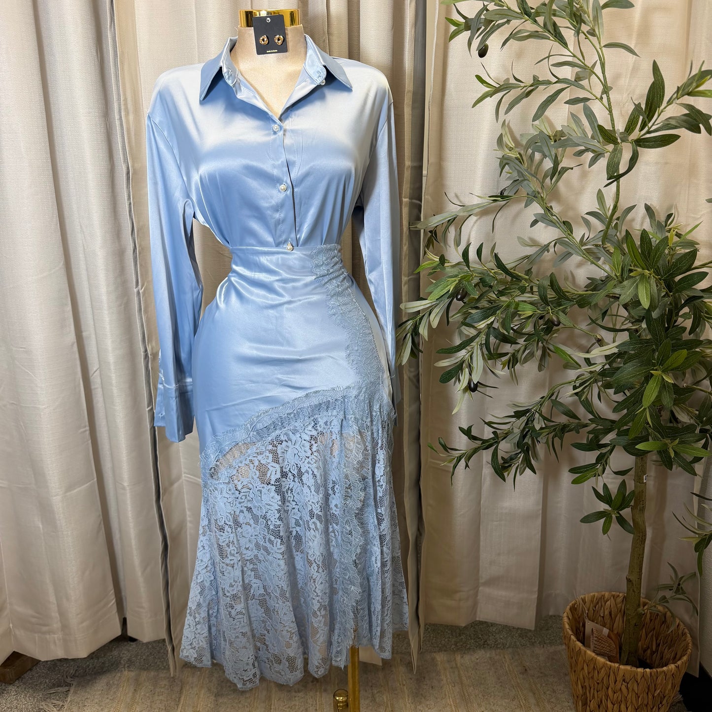 Satin Long Sleeve Top with Lace Skirt-Blue