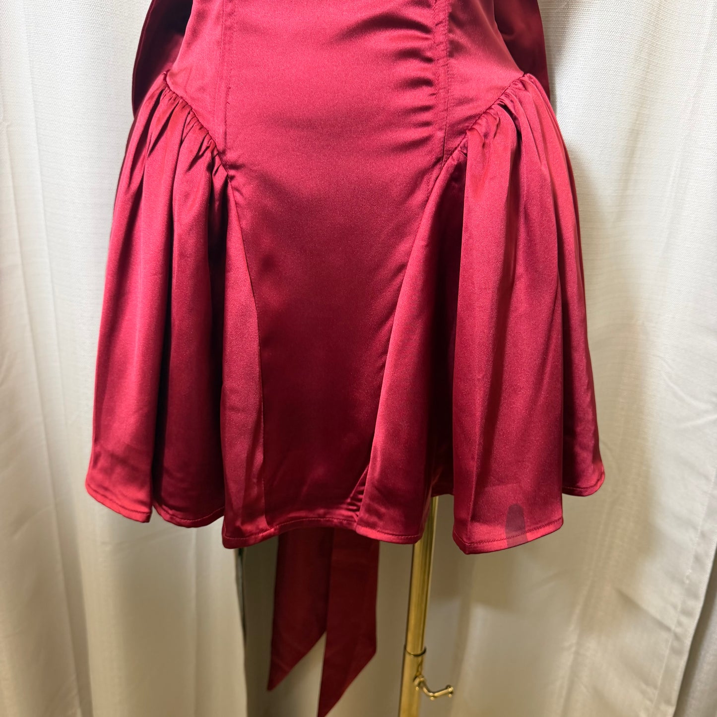Satin Strapless Corset Lace up Bow Mini Dress-Burgundy