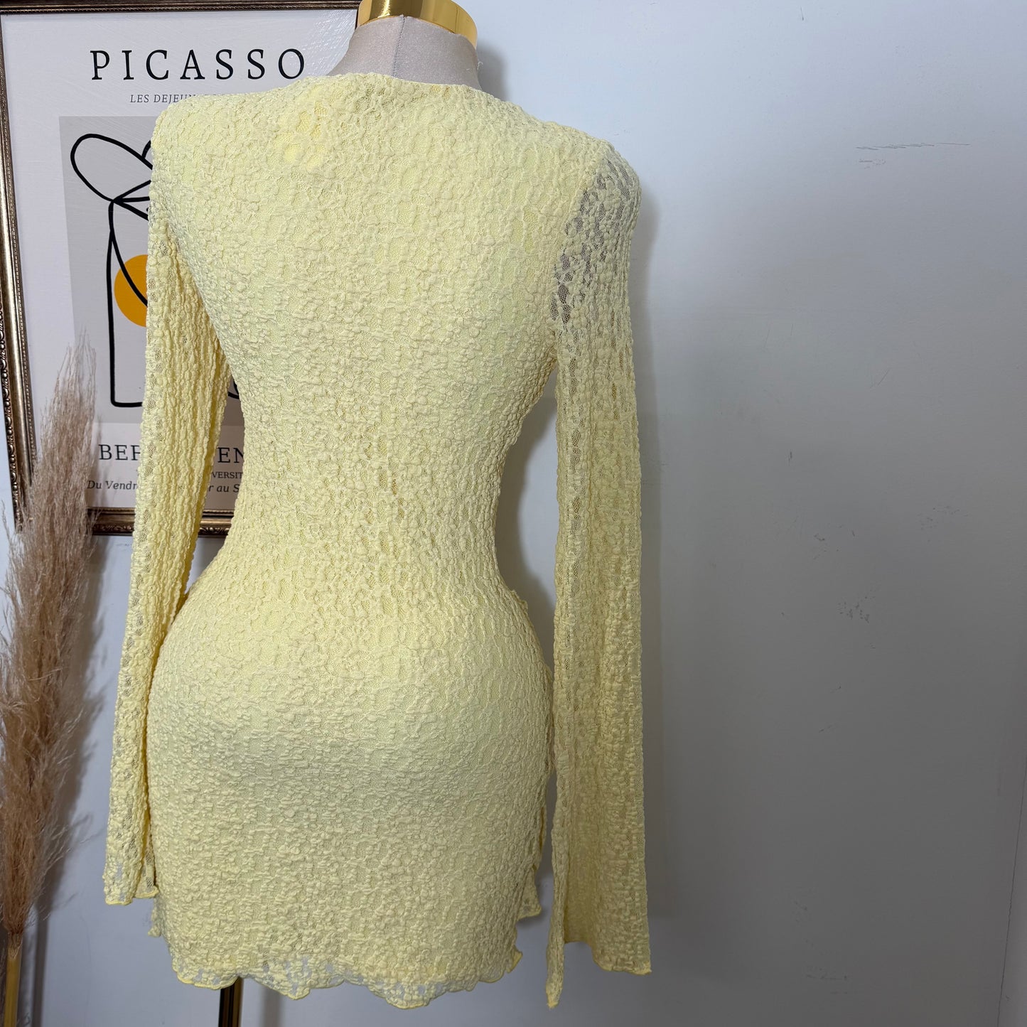 Long Sleeve Gold Detail Dress-Butter Yellow