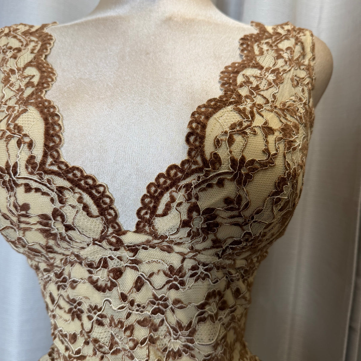 Lace Scallop short Sleeve Bodycon Mini Dress-brown with Taupe