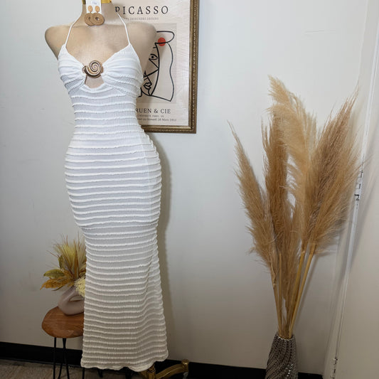 Texture Fabric Turban Shell Metal Trim Halter Maxi Dress-Ivory