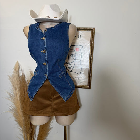 Crew Neck Denim Vest-Blue