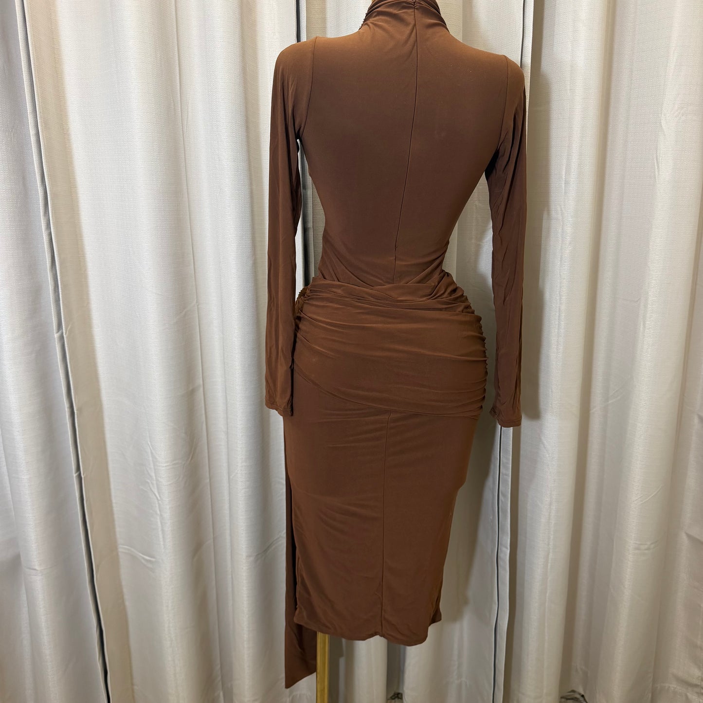 Long sleeve  Solid Double Layer Front Sash Midi Dress-Brown