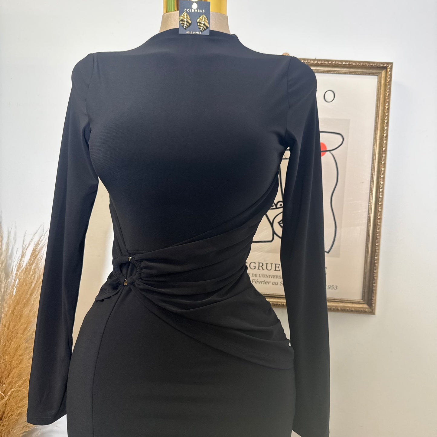 Long Sleeve Open Slit Dress-Black
