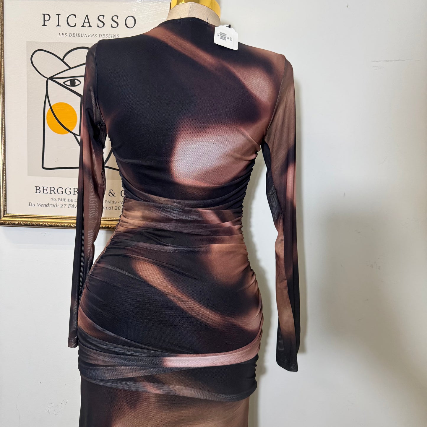 Geographic Mesh Maxi Dress-Brown Combo