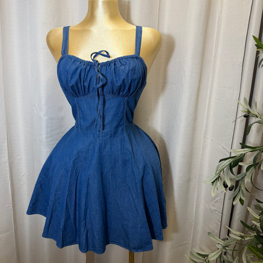 Drawstring Sweetheart Neck Denim Mini Dress-Denim Blue
