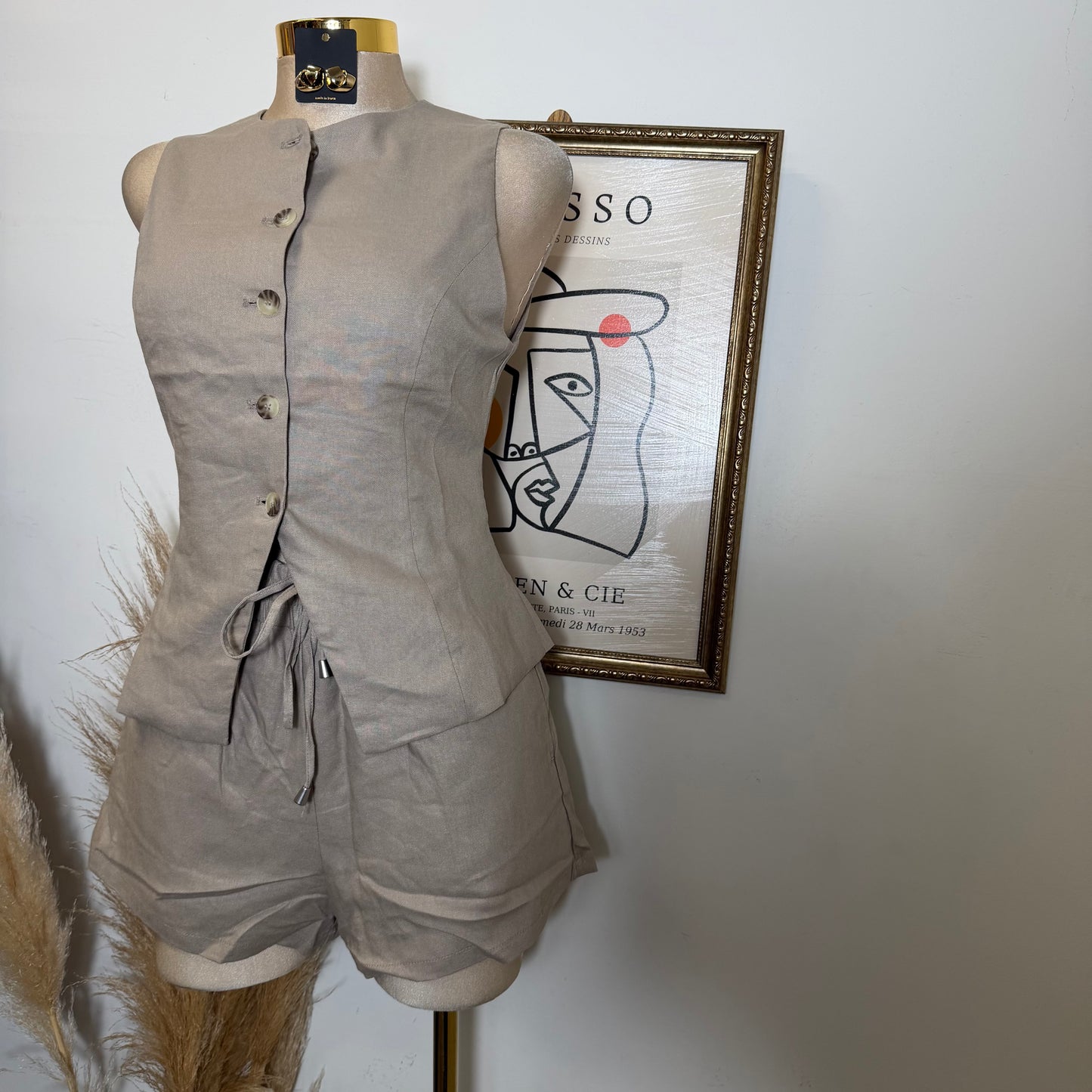 Vest Linen Set Shorts-Mushroom