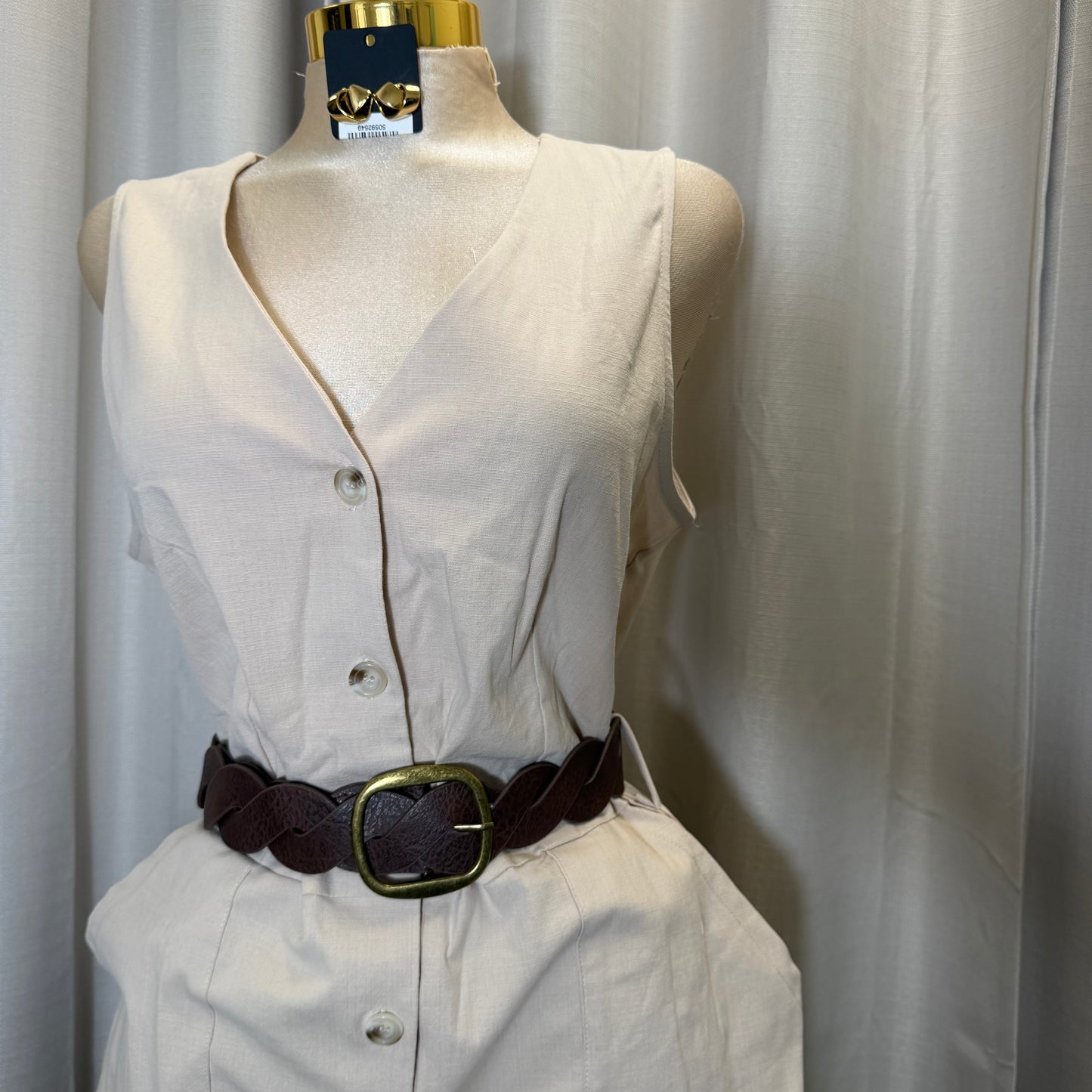 PL-Solid Sleeveless Romper With Belt-Khaki