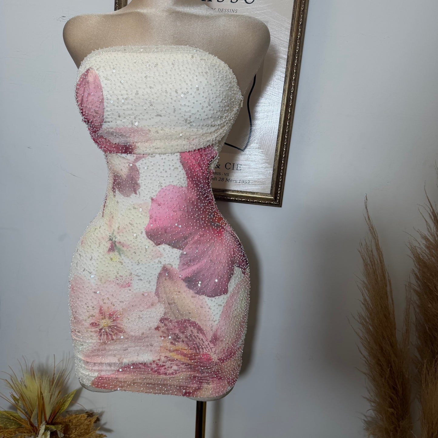 Tropicana Big flower Print Mesh W/ Beads Tube Mini Dress-Cream/Pink
