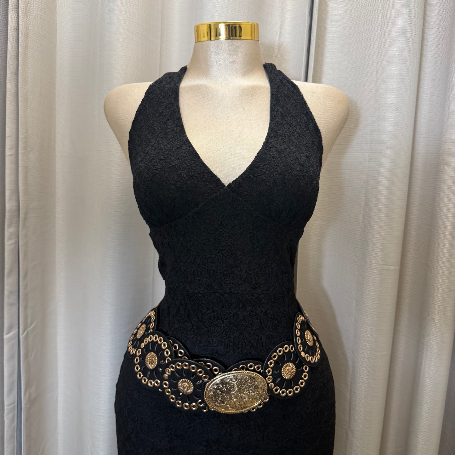 Halter Lace Midi Dress-Black