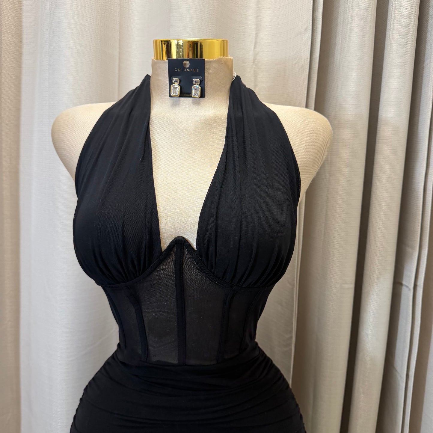 Halter neck midi ruched dress-Black