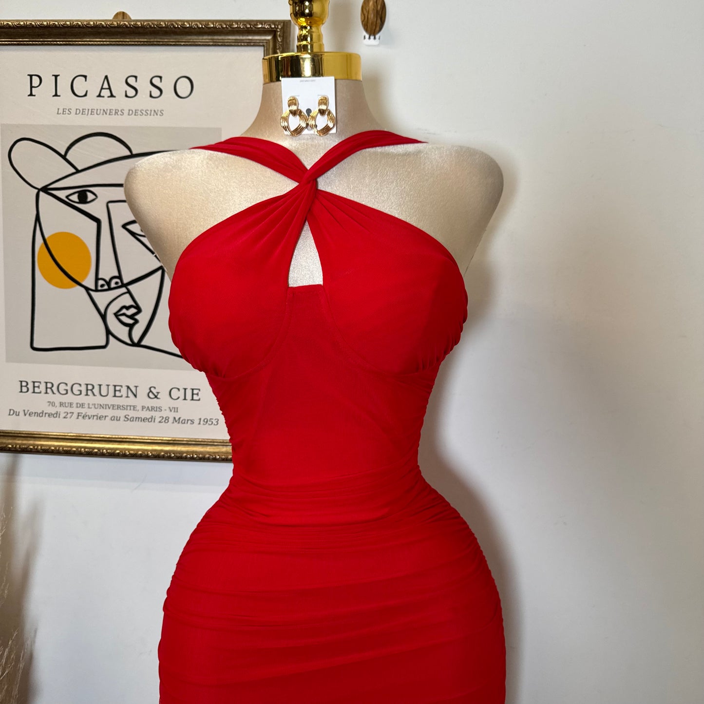 Inara Mesh Twist Halter Neck Midi Dress-Red