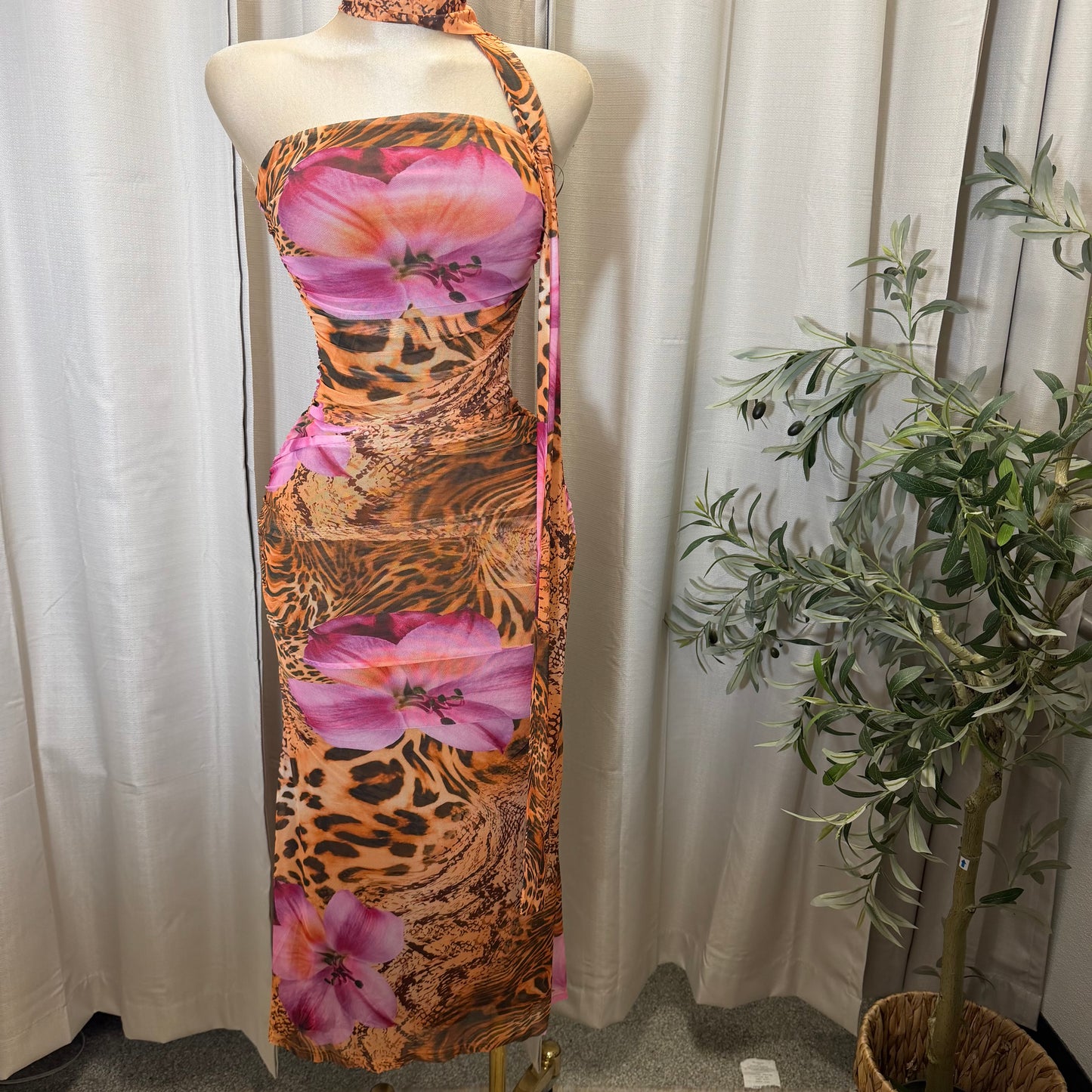 PRINT RUCHED MIDI DRESS-Brown Pink