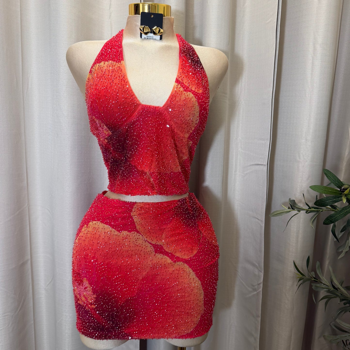 Mesh Two Piece V-neck Halter top Skirt Set-Pink/Orange