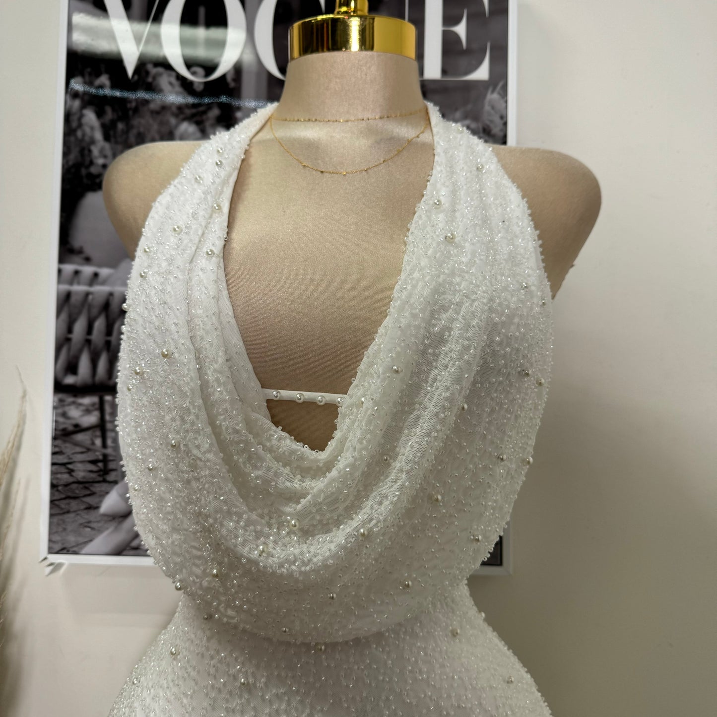 Cowl beaded Halter Dress-White