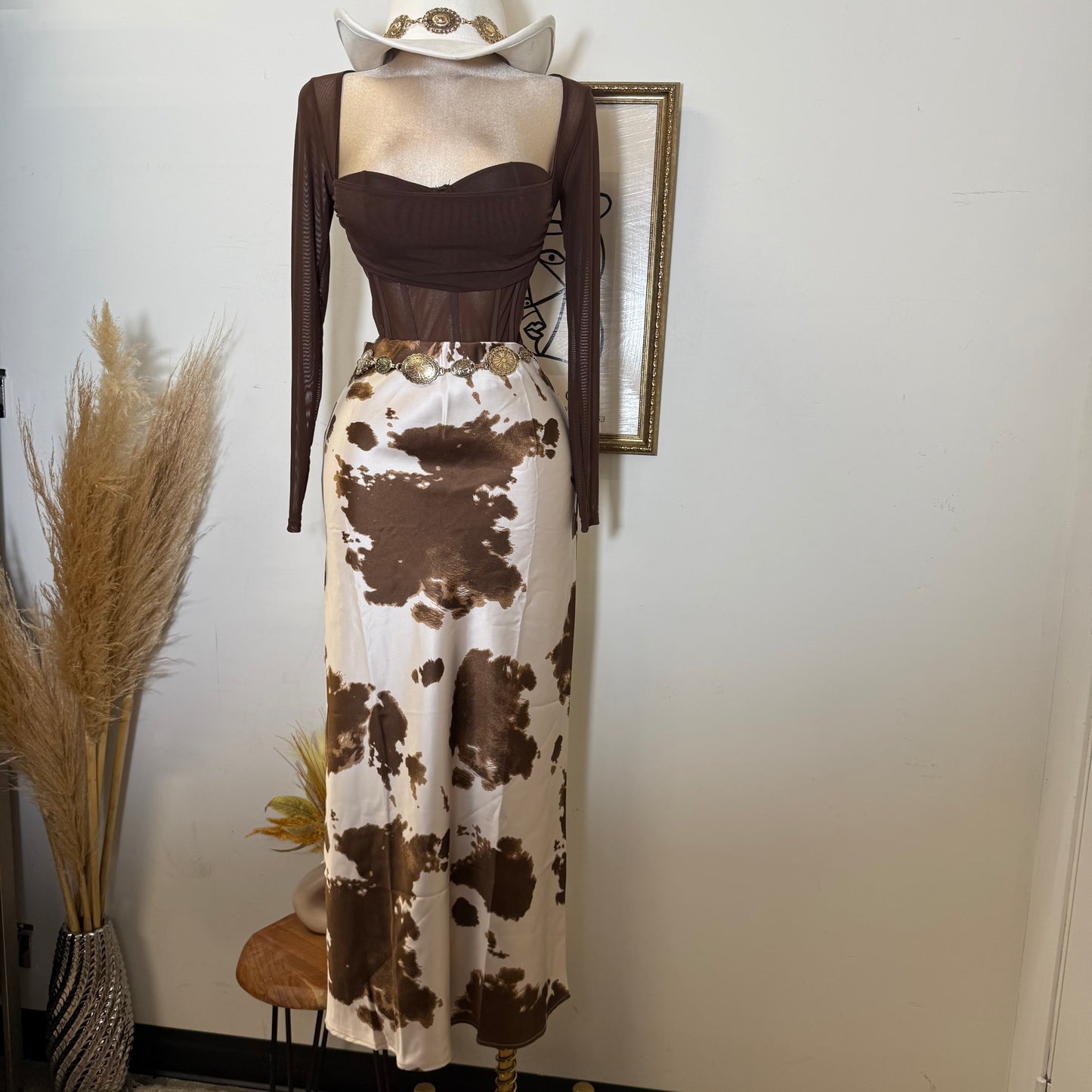 Cow Print Satin Maxi Skirt-brown