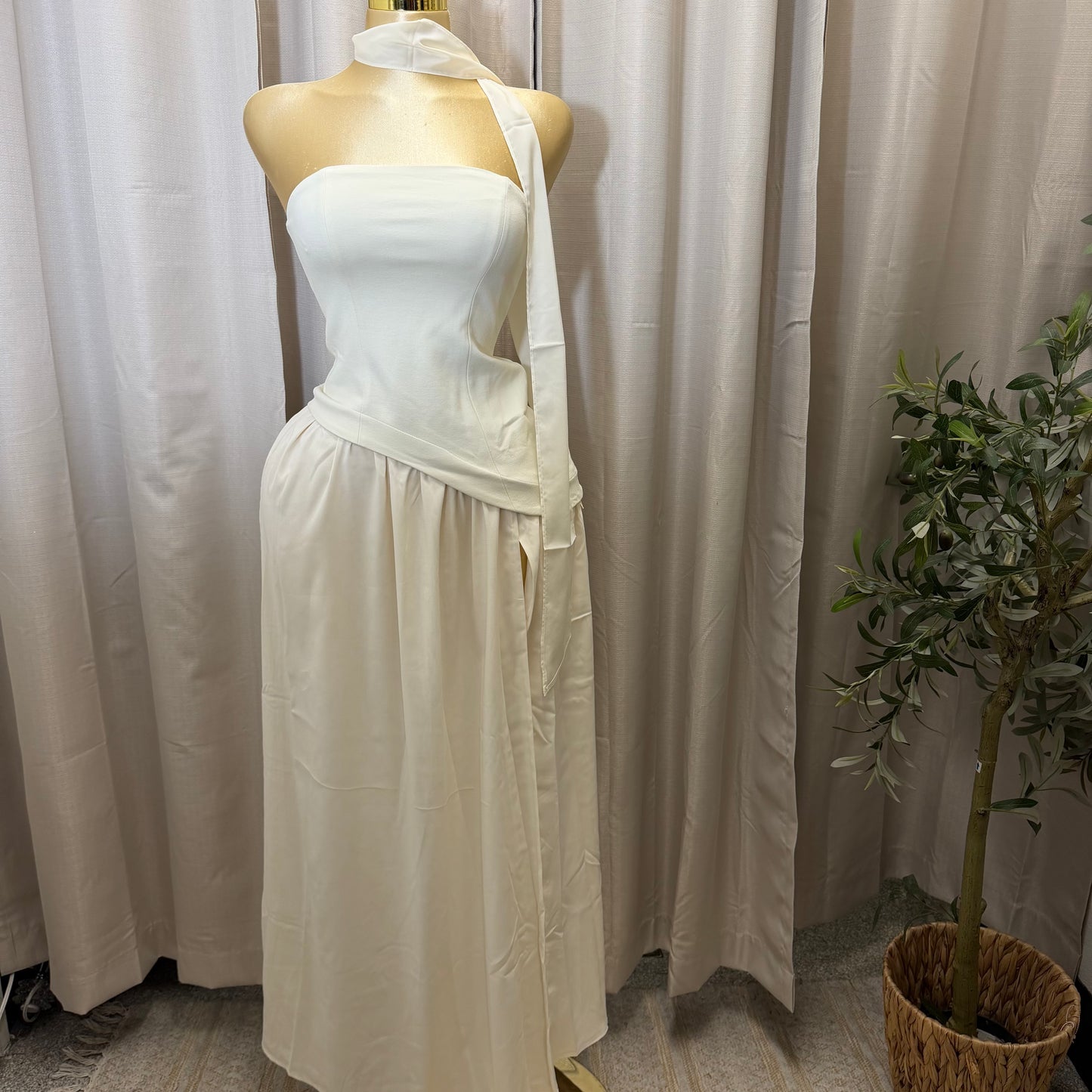 Strapless Scarf Neck Overlay Maxi Dress-Cream