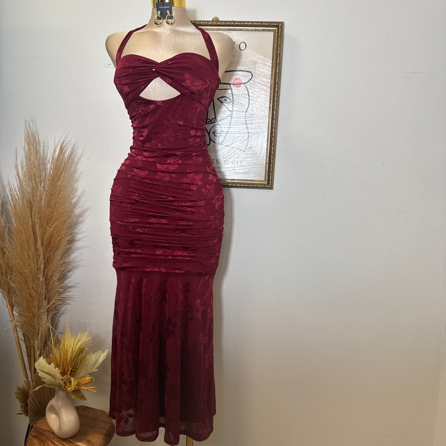Trim accent Midi Dress-Wine