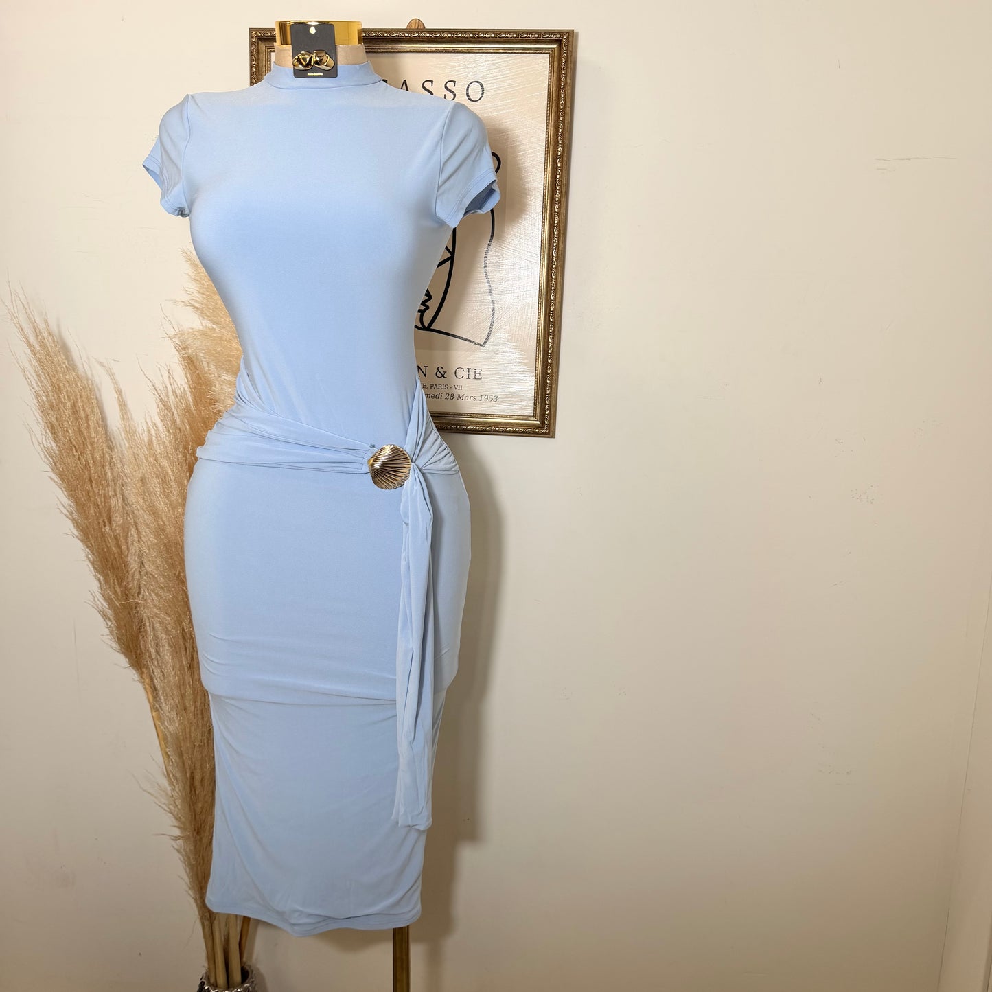 Shelf Gold Trim with Sash Detail Midi Dress-Blue