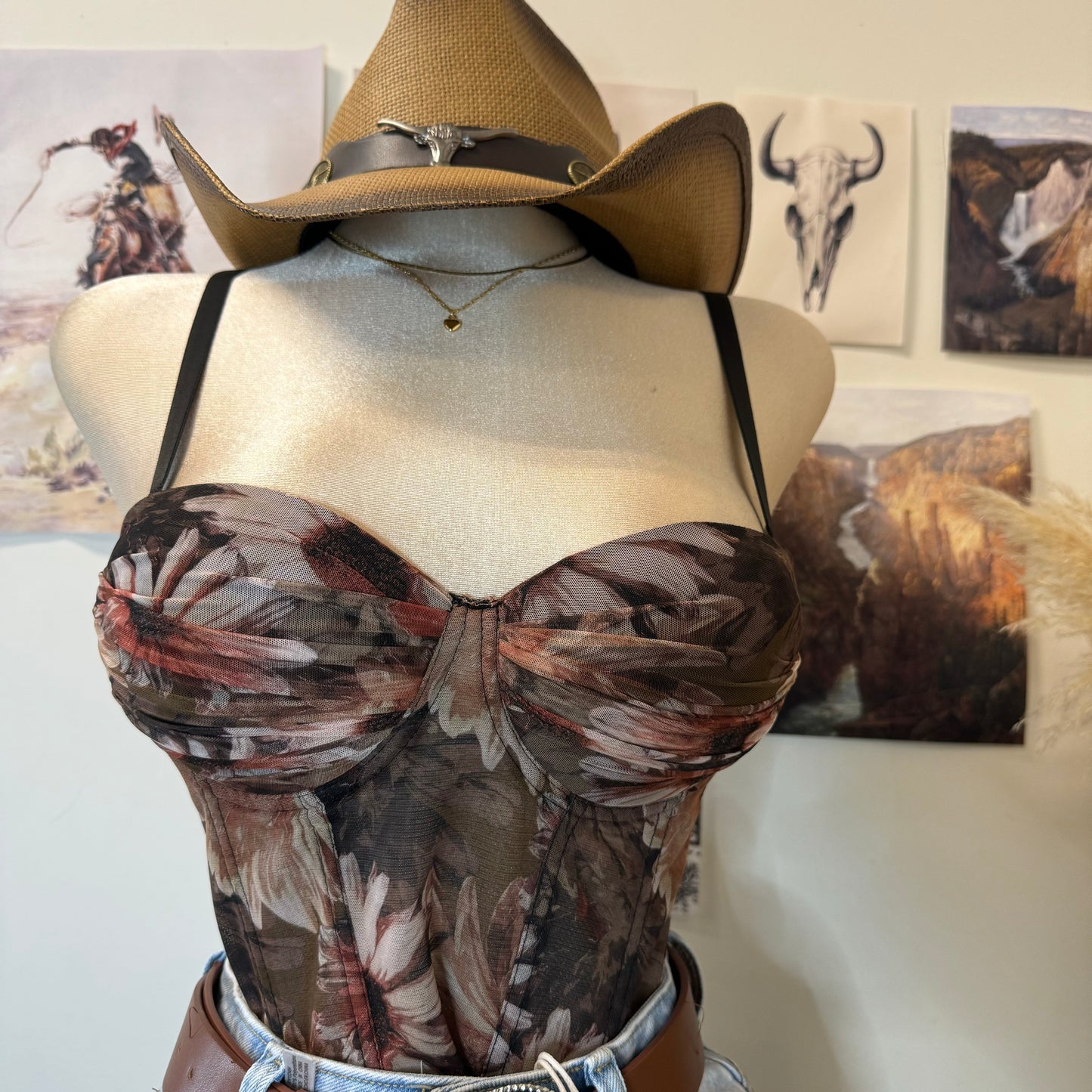 Flower Corset Cropped Top-Brown
