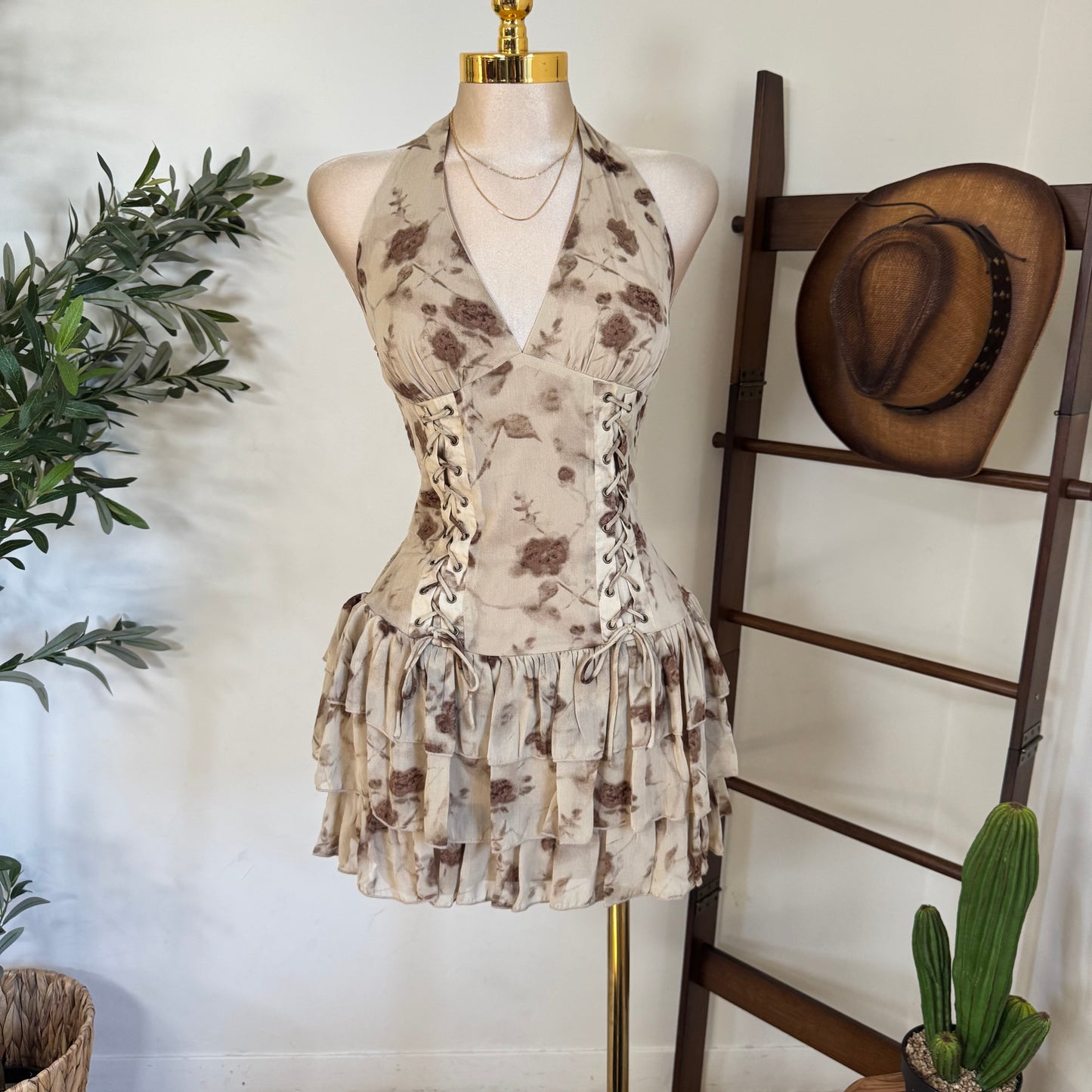 Halter eyelet inset ruffle Flare mini Corset Dress-Brown