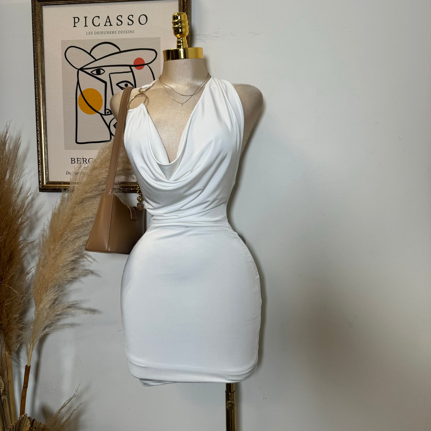 Cowl Halter Mesh Dress-White