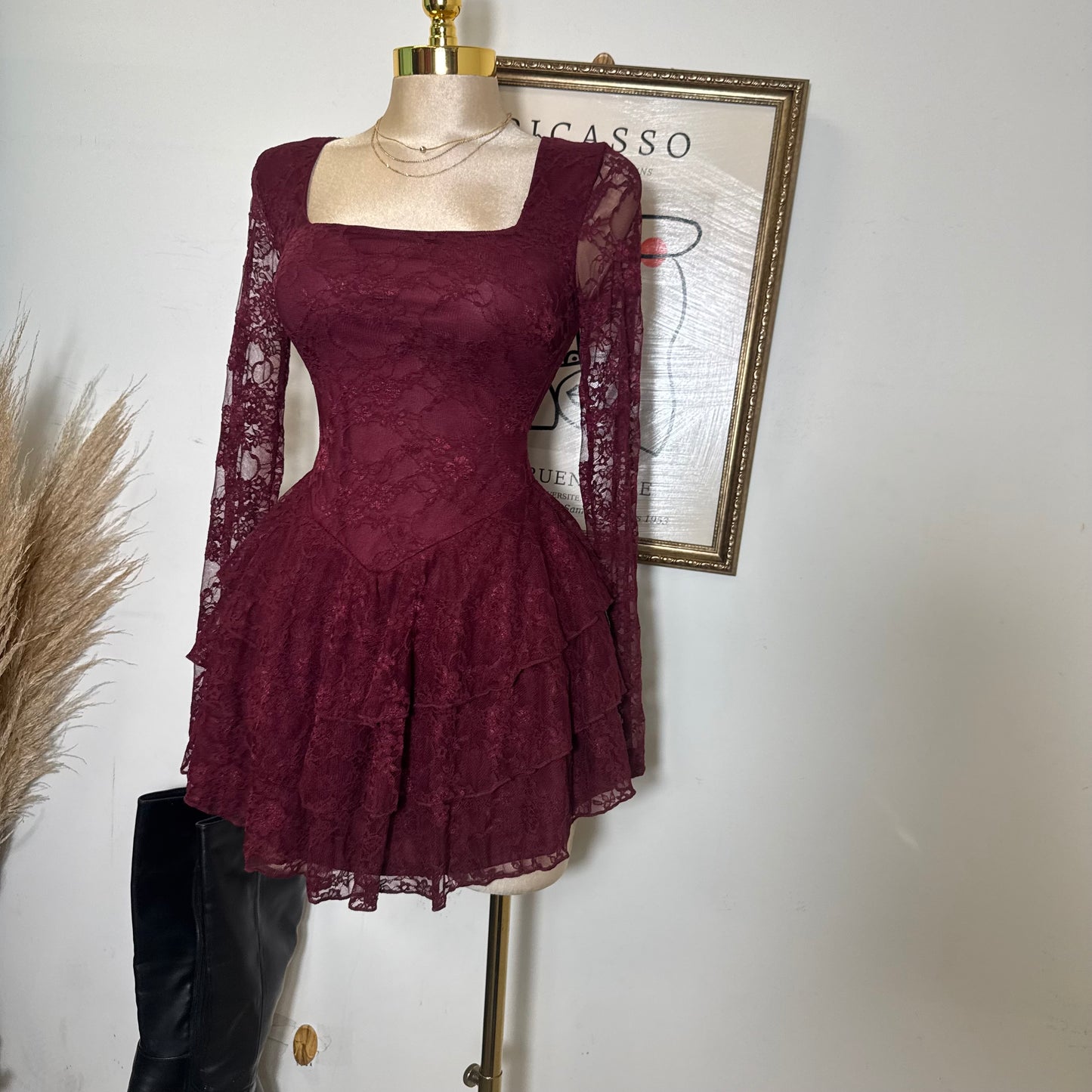 Lace Long Sleeve Ruffle Layered Mini Dress-Burgundy