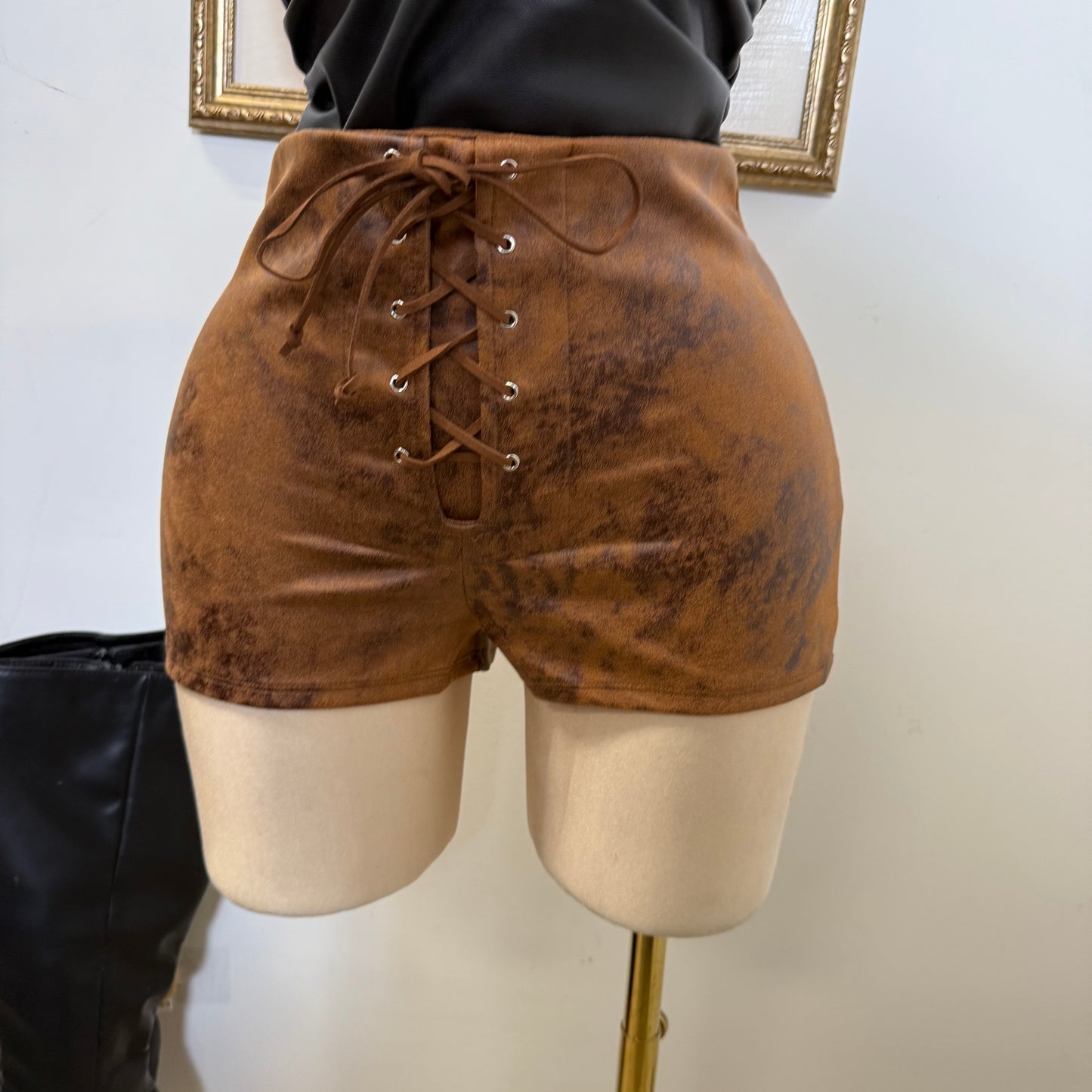 Tie Front Suede Shorts-Chocolate