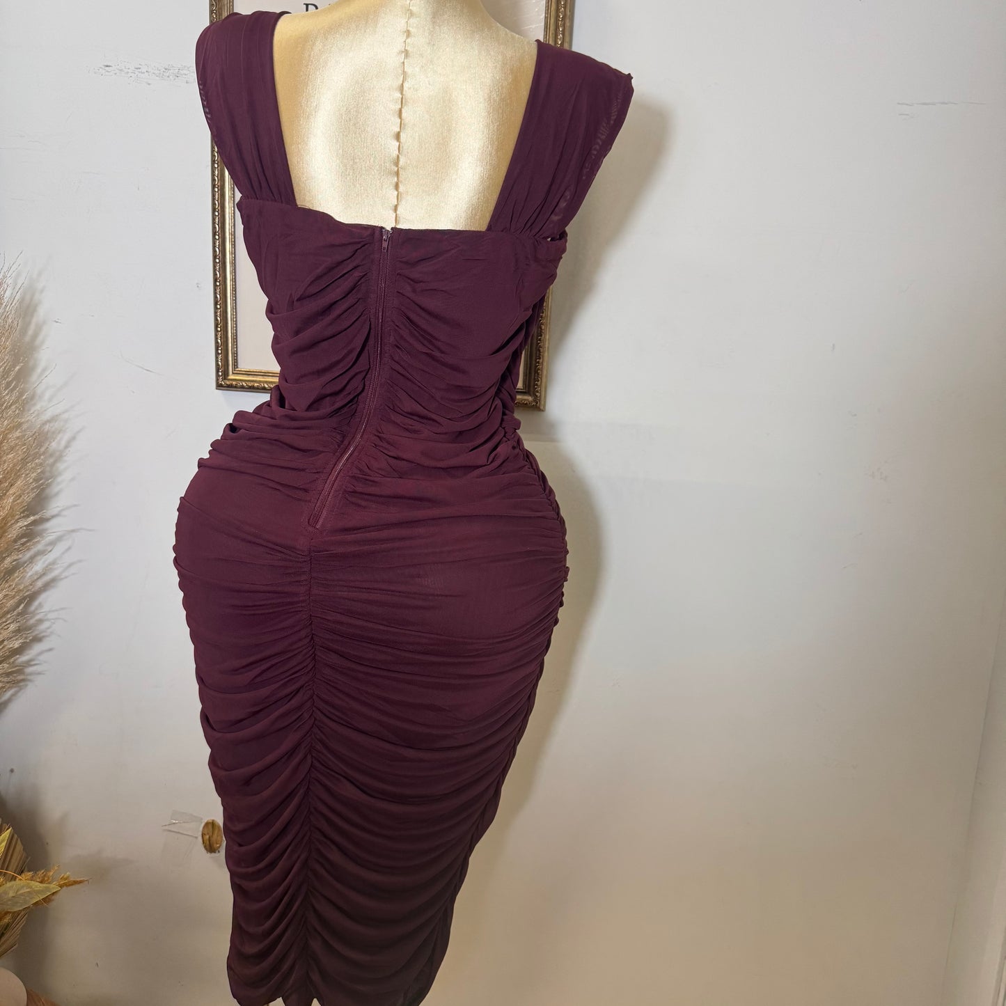 PL Sleeveless Square Neck Ruched Mesh Dress-Burgundy