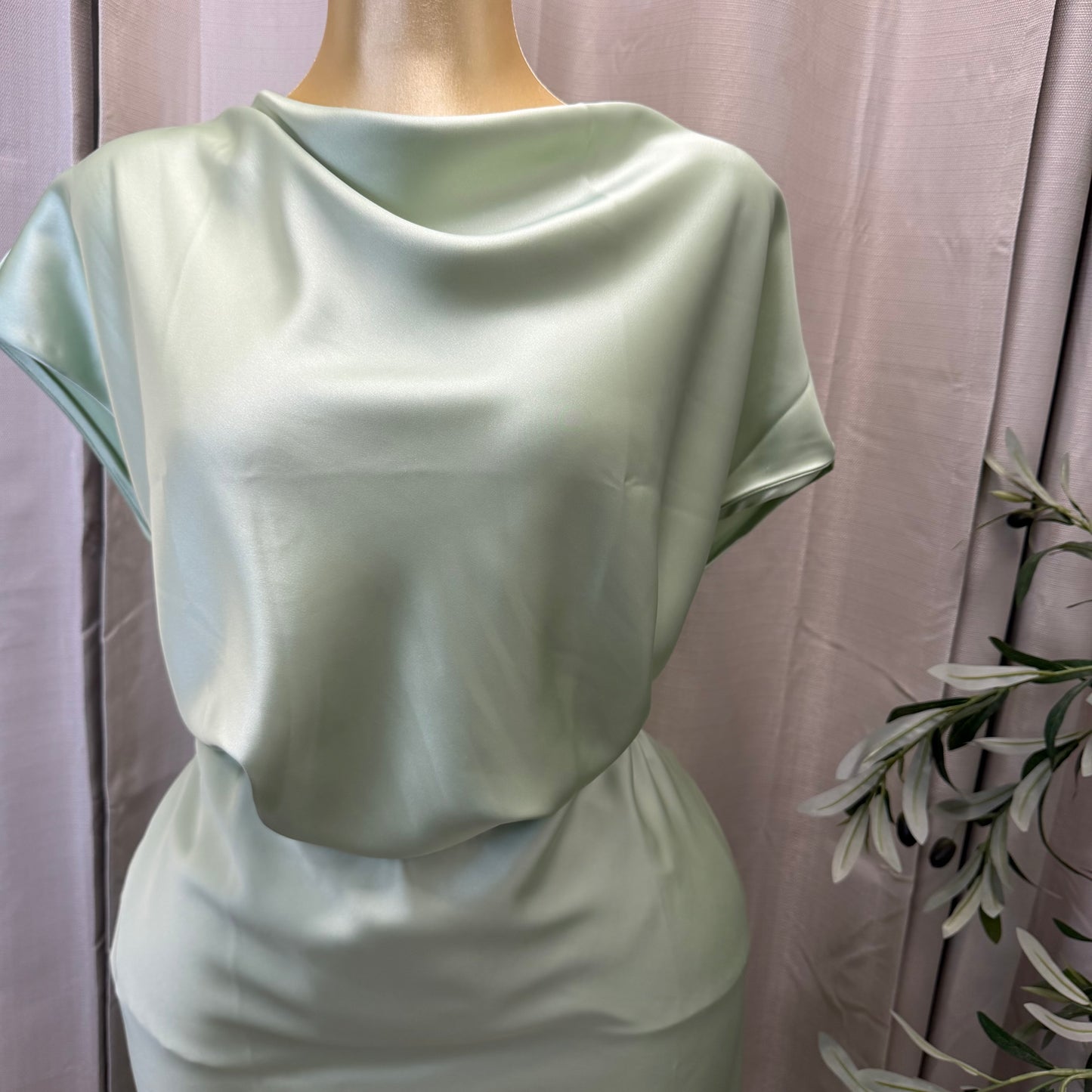 PL- Solid Satin Top with Cowl Neck-Sage Green