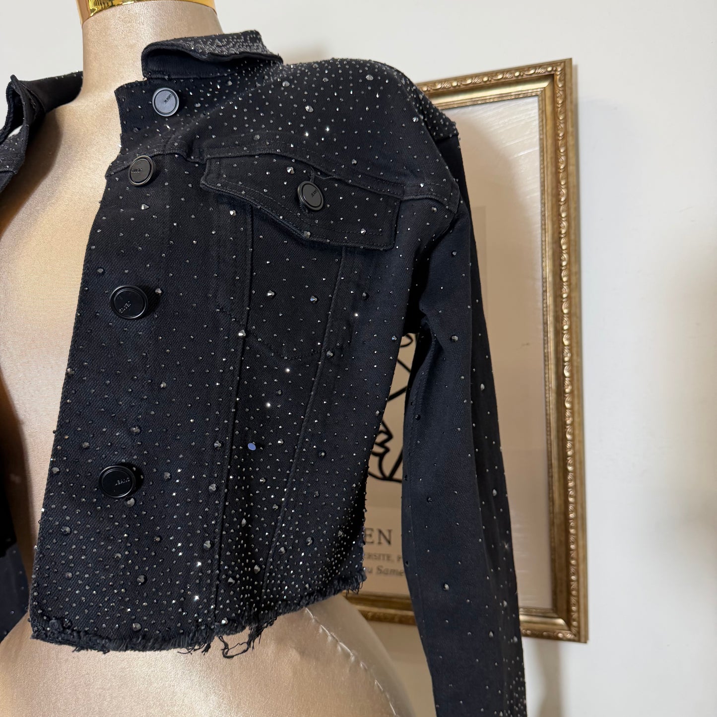 Rhinestone Cropped Jeans Jacket-Black