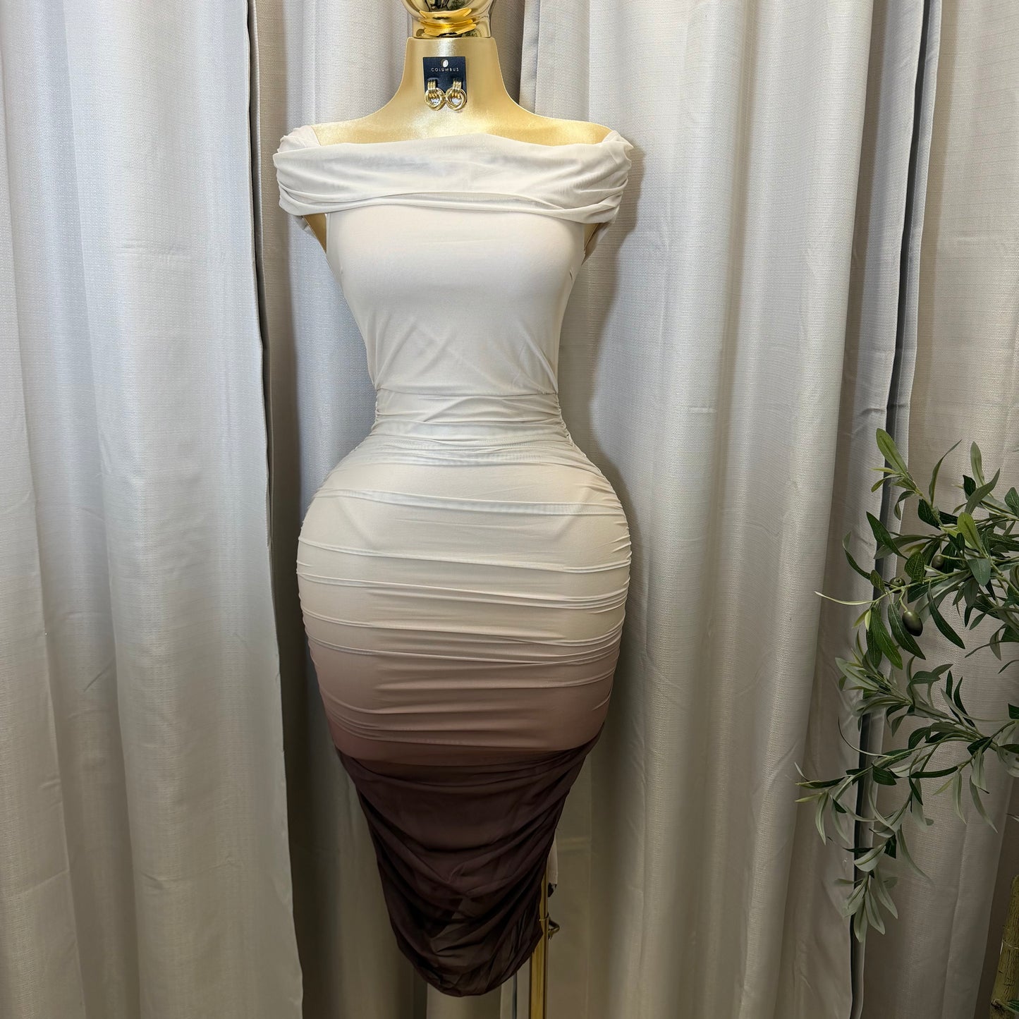Ombre Off the Shoulder Dress-Taupe/Brown