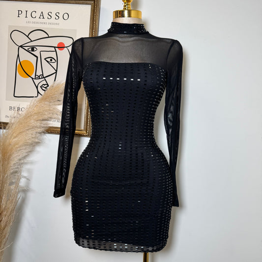 Ivette Rectangle Rhinestone Mini Dress-Black