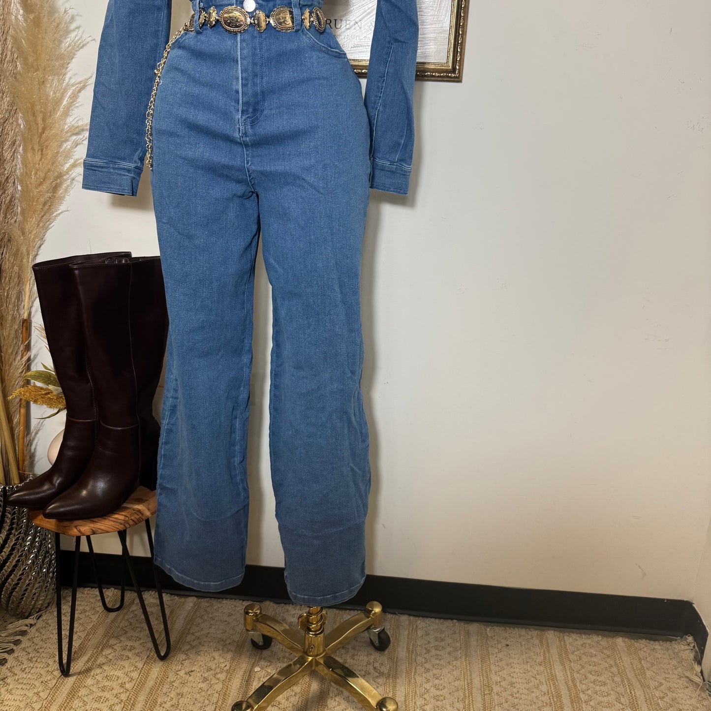 Denim Button Long Sleeve Jumpsuit -Medium Wash