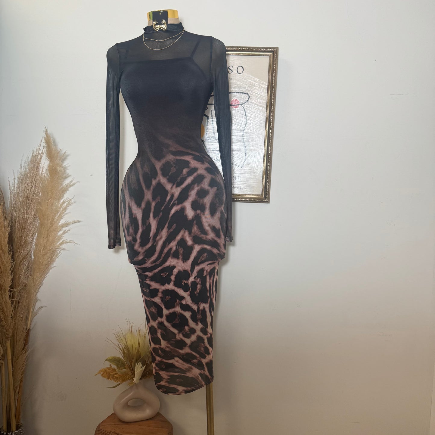 Animal Ombré Midi Mesh Dress-Black/Brown