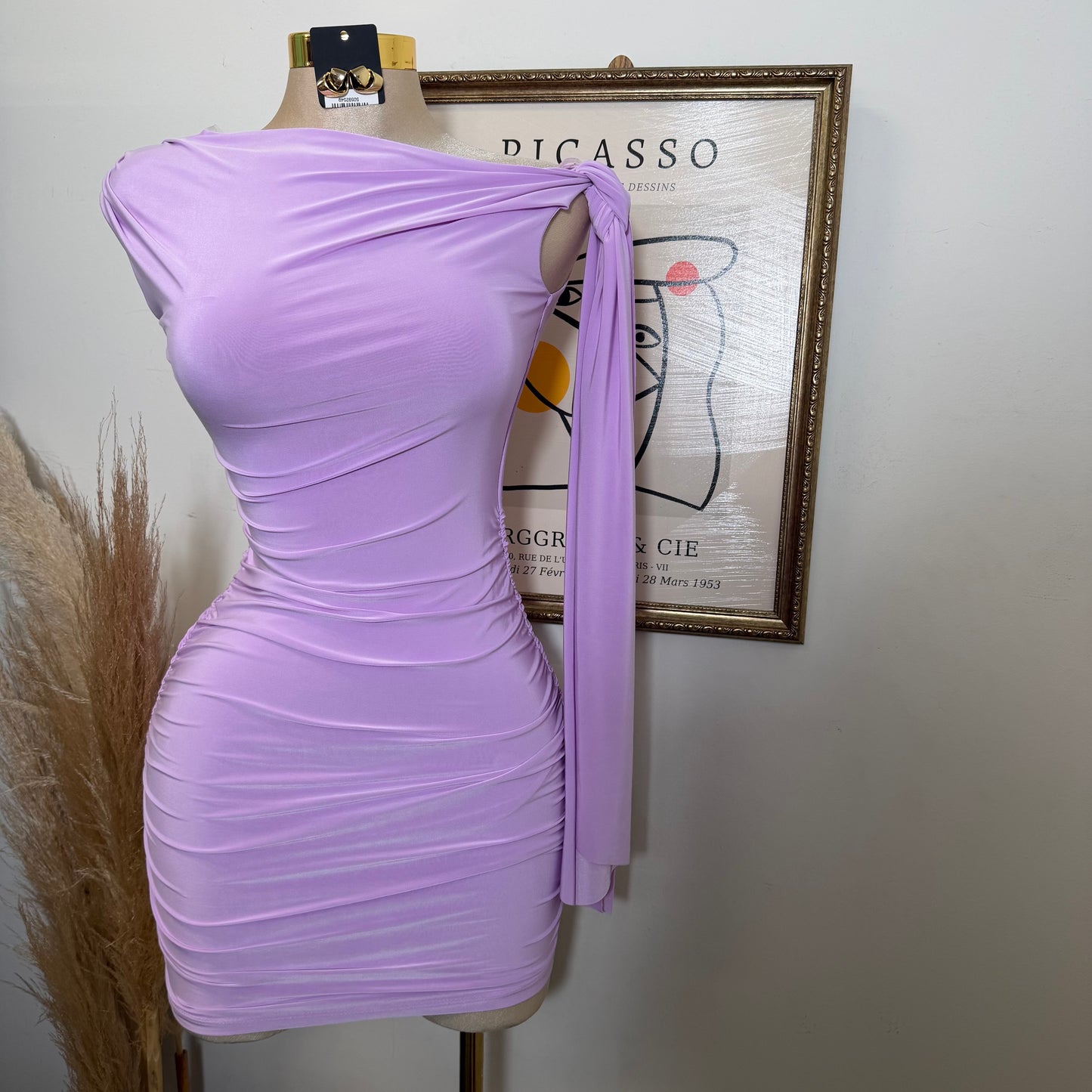 Off Shoulder Ruched Side Tie Mini Dress-Lavander