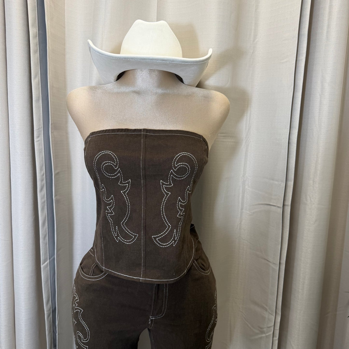 Embroidery Vest and Pant Set-Brown